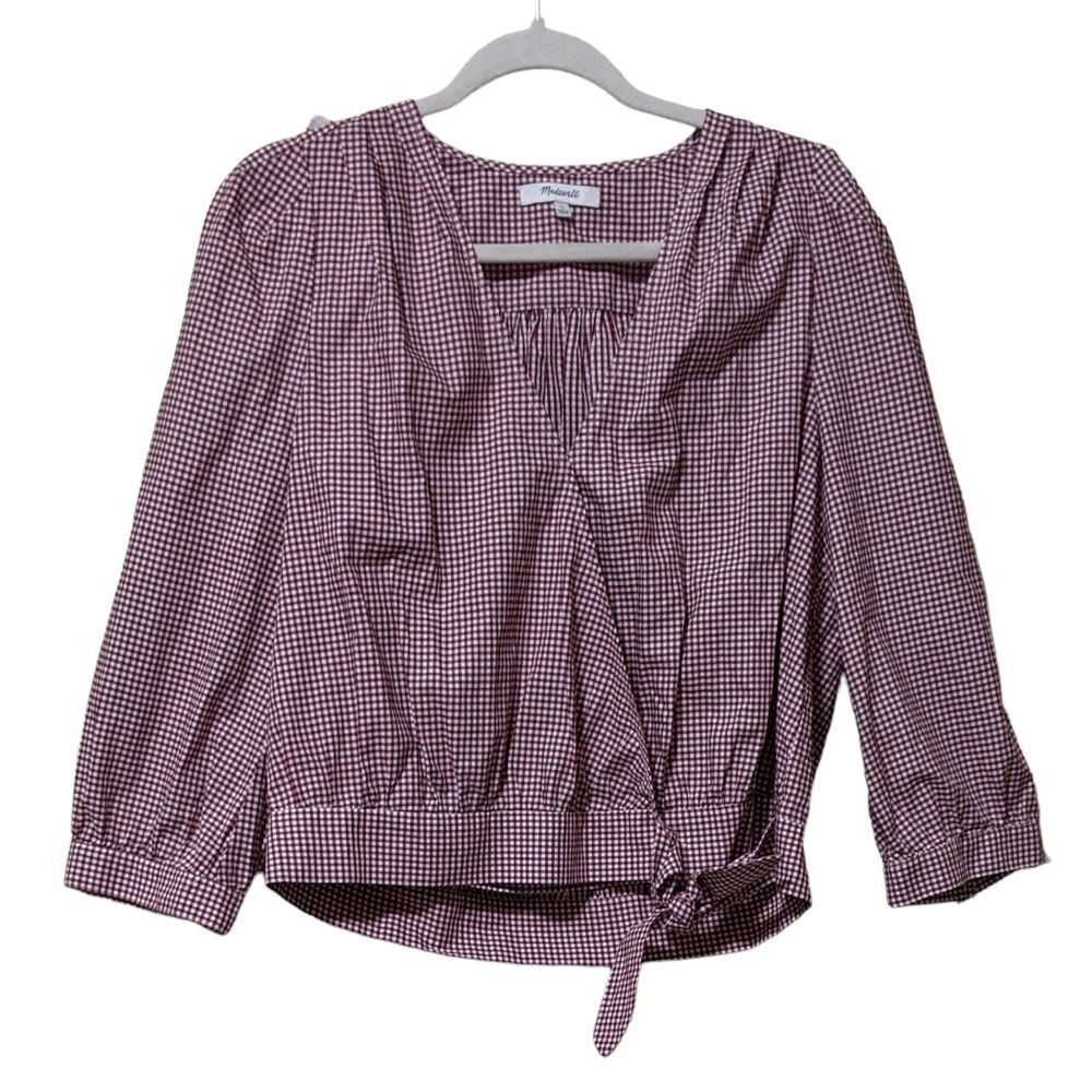 Madewell cropped Wrap Top in red white Gingham Check L